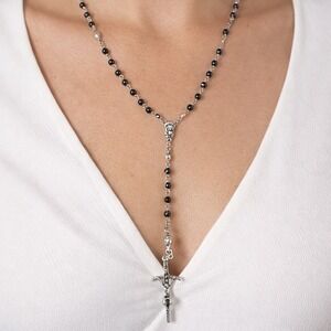 Vintage Black Bead Rosary Necklace Silver Tone Crucifix Catholic